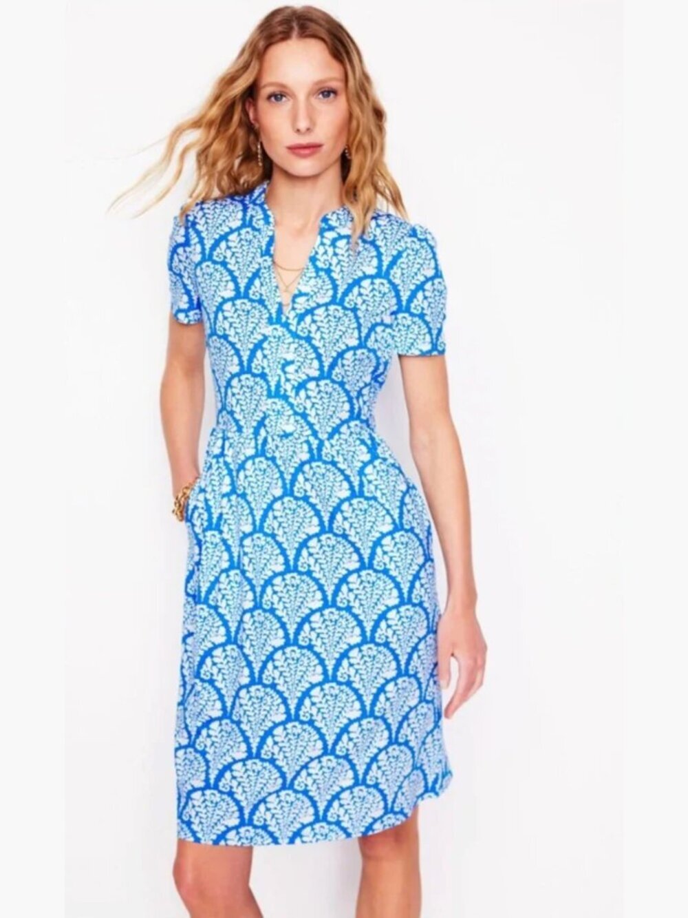 Boden Naomi Short Sleeve Blue Floral V-Neck Mini Dress Pockets, size US 4R